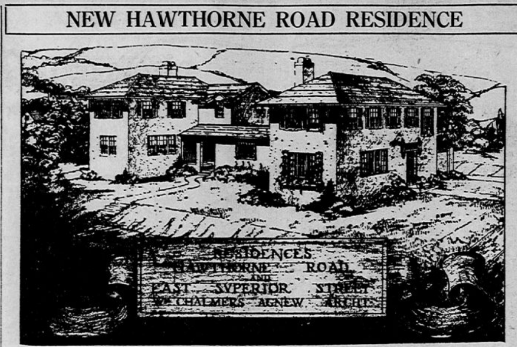 Black and white sketch of a large two-story house labeled "New Hawthorne Road Residence," with trees and mountains in the background and a sign in front listing the address and architects.