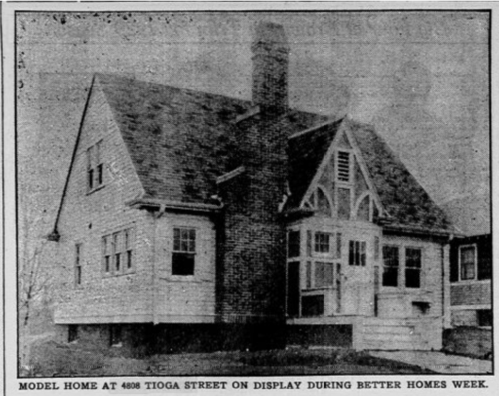 Black and white photo of a two-story house with a large brick chimney, gabled roof, and enclosed front porch. Caption below reads, "Model home at 4808 Tioga Street on display during Better Homes Week.