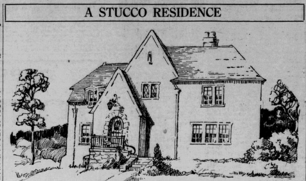 Black and white sketch of a two-story stucco house with a front porch, arched doorway, multiple chimneys, and several windows, surrounded by trees. The heading reads “A STUCCO RESIDENCE.”.