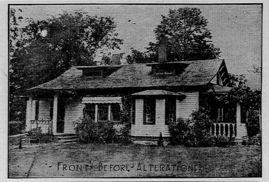 Black-and-white photo of a small house with a porch and overgrown bushes in front. The roof appears uneven, and the image is labeled "Front Before Alterations." Trees are visible in the background.
