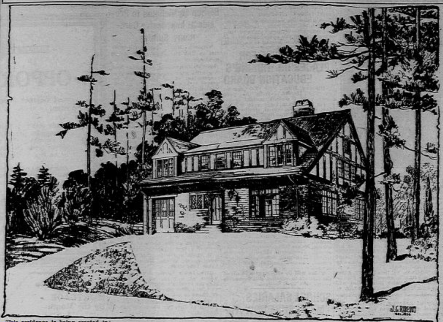 Black and white sketch of a two-story Tudor-style house with tall trees surrounding it and a curved driveway leading to the front entrance.