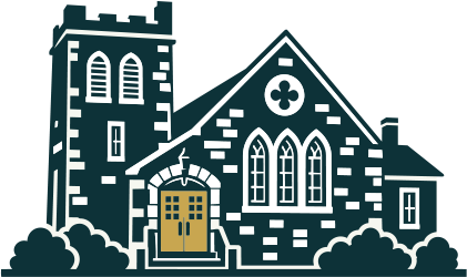 Stylized graphic of a stone church with a square tower, arched windows, and double doors.