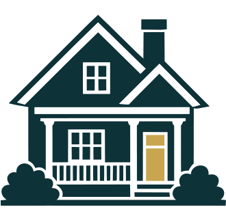 A dark teal icon of a house with a porch, a chimney, and a gold front door, flanked by two bushes.