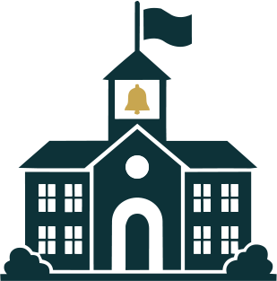 Graphic icon of a school building with a bell in the central tower and a flag on top.