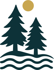 A minimalist illustration of two dark green pine trees on a small hill above wavy lines representing water, with a gold circle representing a sun above.